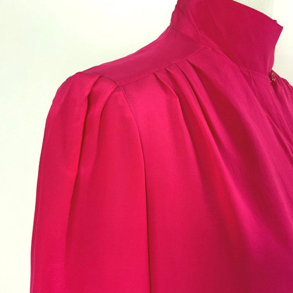 Rabble II 100% Silk Puff Long Sleeve Button Up Blouse Fuchsia/Hot Pink Medium - Picture 4 of 16